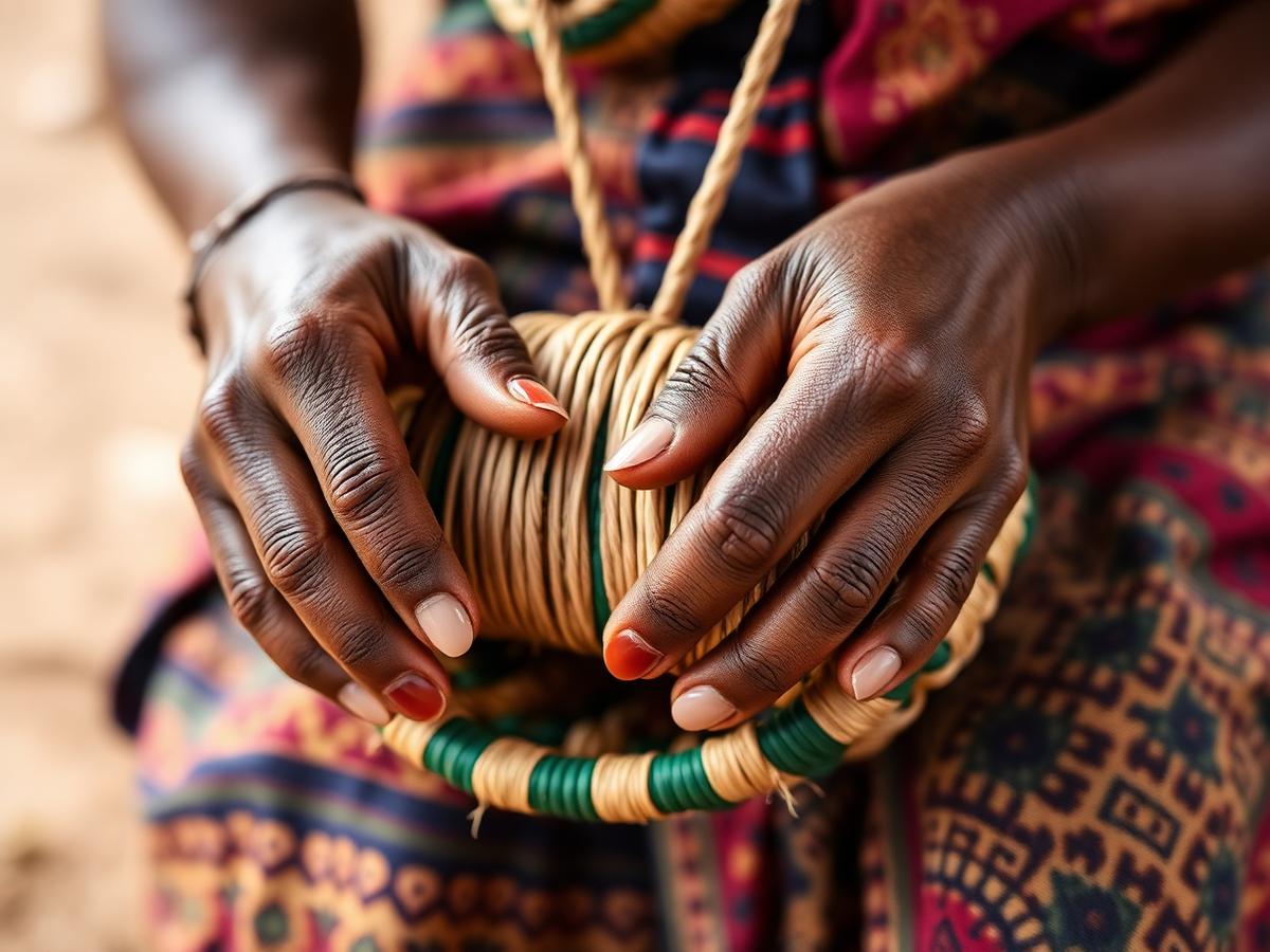 Close-up of an artisan's hands weaving a sisal basket