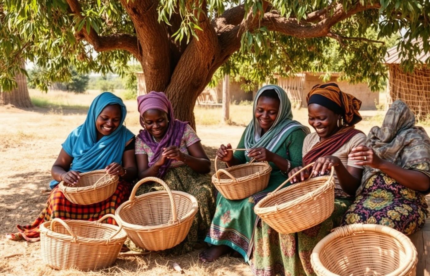 Women artisans weaving baskets together under a shade tree