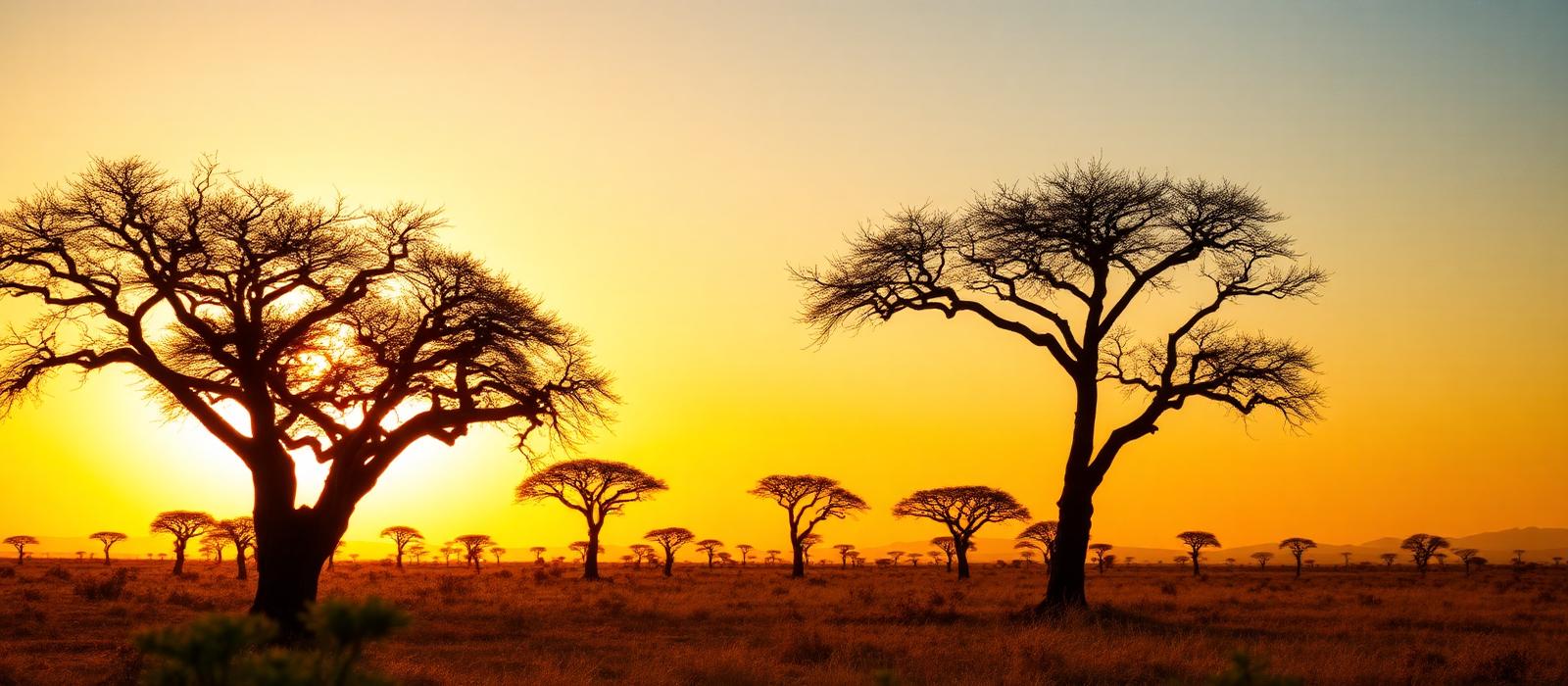 Acacia trees at sunset over the African savanna
